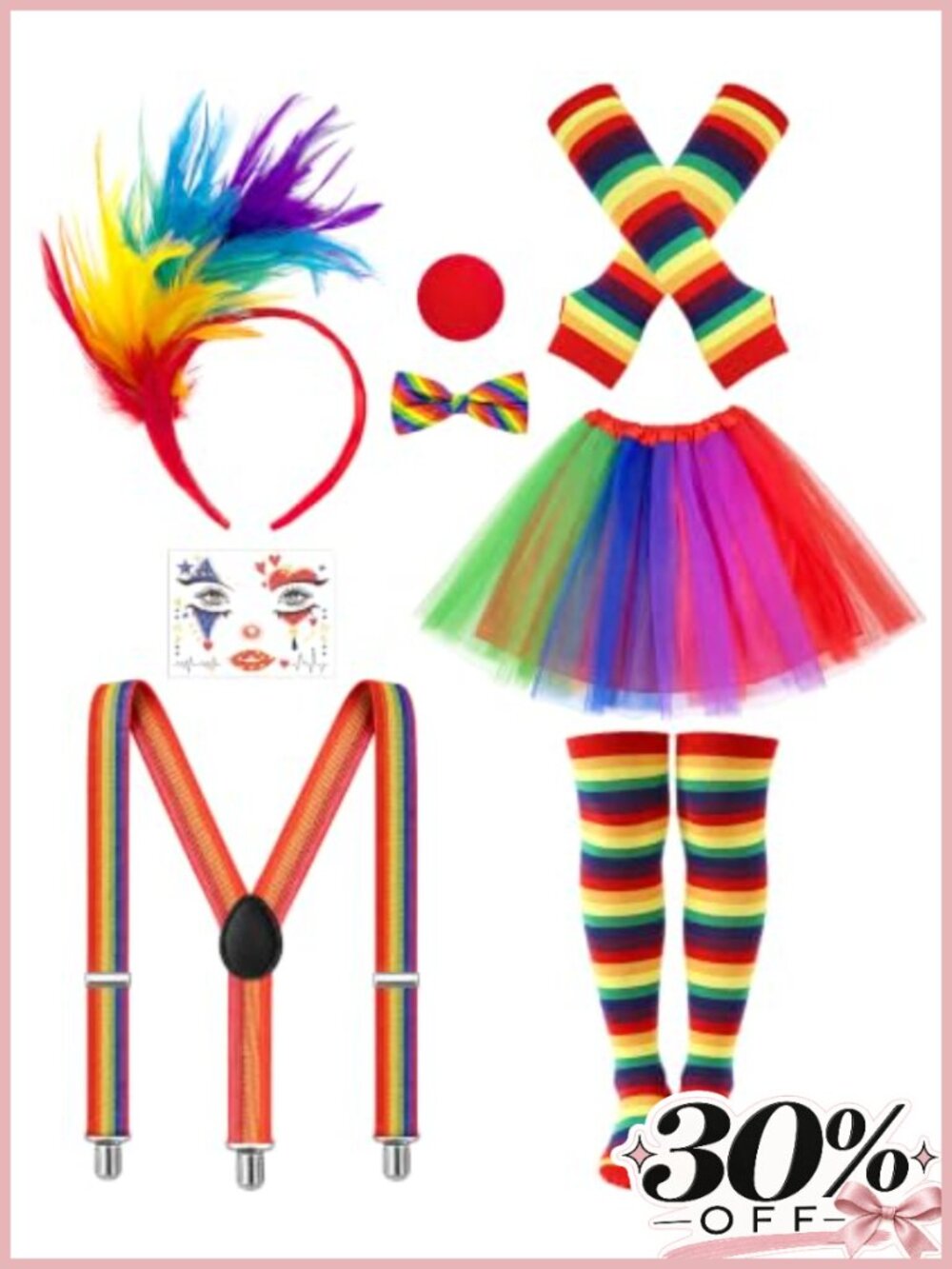 8-Piece Rainbow Clown Costume Set Women Circus Halloween Tutu Gloves Nose